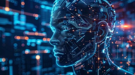 Poster - Digital Human Profile With AI Circuitry Overlay in Blue Tones