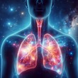© Anastasiia - An anatomical illustration of human lungs superimposed over a cosmic background, highlighting the breath of life amidst the stars.. AI Generation