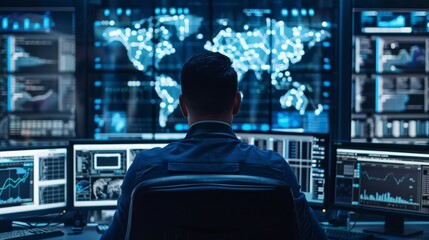 Poster - Man Sitting in Front of Multiple Computer Monitors