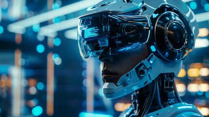 Aufkleber - Futuristic AI Robot With High-Tech Visor in a Neon-Lit Environment