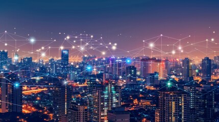 Fototapete - Modern Cityscape With Interconnected Lines and Dots