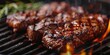 Grilling steak over open flames at a picnic, a delicious barbecue meal for a summer gathering