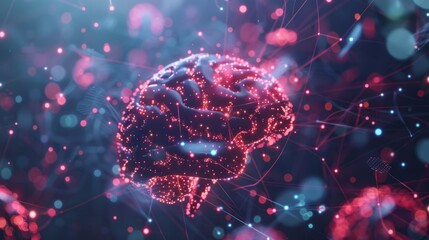 Poster - Glowing Neon Brain With Network Connections on a Dark Background