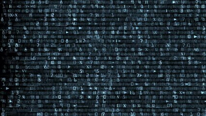 Blue digital background with cascading binary code, Arabic and Roman numerals for the data technology of the future