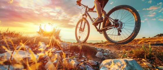 Wall Mural - A cyclist rides a mountain bike on a rocky trail at sunrise from a low angle.