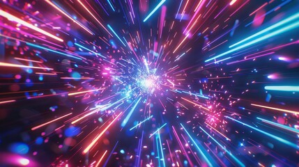 A 3D render of a neon background with chaotic glowing lines, laser beams and colorful firework bursts