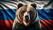 A formidable brown bear stands before the flowing Russian flag, symbolizing the nation's strength and spirit