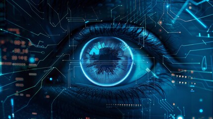 Fototapete - Close-Up of Persons Eye With Circuit Board Background