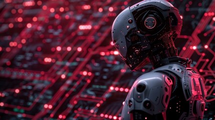 Leinwandbilder - Robot Analyzing Red Computer  Circuit