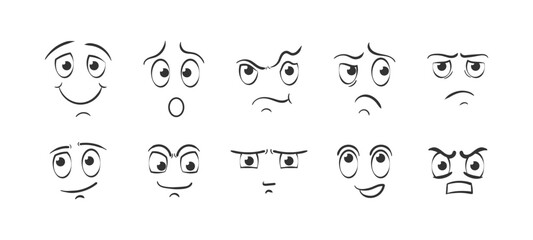 Wall Mural - Collection memes.Set of emoticon hand drawn pattern.Different eyes, mouth, eyebrows.Doodle face, smile, happy, sad,shock, bored, sick, vomit,scream, joy, cry.Manga cartoon style. Vector illustration.