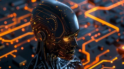 Aufkleber - Glowing-Eyed Robot With Circuit Board Background