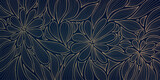Fototapeta Panele - Vector art deco leaves and flowers pattern, gold on blue luxury background, floral plant ornament. Garden decor drawing, interior print, vintage wave outline illustration