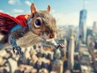 Close-up of a squirrel in superhero attire pretending to fly against a cityscape.