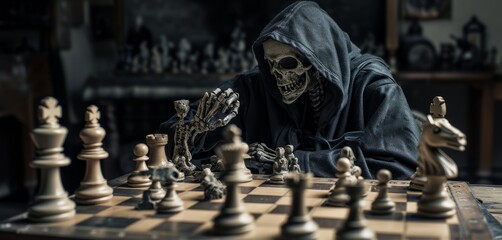 Grim Reaper Sitting and playing chess. Concept of death, memento mori.