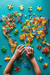 World map made of puzzle pieces, with a geography enthusiast joyfully connecting continents. The image uses vibrant primary colors to convey a sense of playful exploration.