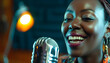 Young Black Woman sings, a singer records a song in a recording studio.