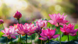 Fototapeta Kuchnia - Beautiful pink lotuses bloom in a Japanese garden in sunset light.