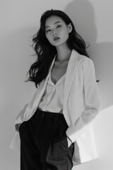 Wall Mural - B&W minimalist elegance with an Asian female model. Woman poses in a sleek and modern setting, dressed in monochrome separates, clean lines, embodying timeless sophistication and simplicity