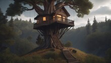 A Charming Treehouse Nestles Among Dense Foliage, Its Windows Aglow With Warm Light As Dusk Falls. The Sturdy Structure Perches High In A Colossal Tree, Offering An Escape Into Nature's Embrace. AI