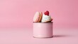 Creative aesthetic food concept. Romantic dessert in a tin can, pastel pink background.