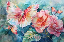 Pink Flowers And Butterflies Painting