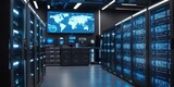 Fototapeta  - The command center of a data facility with a global data map display, signifying the interconnected nature of today's digital world. The room is equipped with state-of-the-art monitoring systems. AI