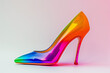 Bright rainbow-colored pink and orange neon day glo stiletto on a plain background