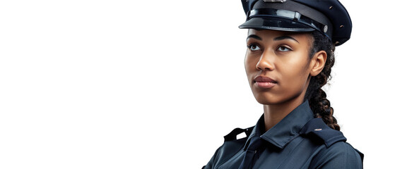 A young beautiful african american woman wear the security uniform and hat on the head.