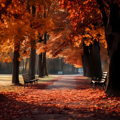 Wall Mural - Autumn leaves in a peaceful park setting. 