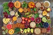 Healthy food background. Fruits and vegetables on wooden table.