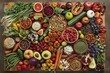 © MrHamster - Healthy food background. Fruits and vegetables on wooden table.