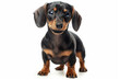 Cute miniature Dachshund sausage dog, facing the camera and standing against a white background