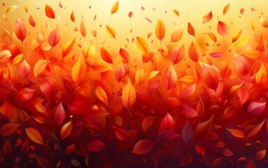 Wall Mural - A colorful autumn scene with leaves falling from the sky. The leaves are orange and red, and they are scattered all over the image