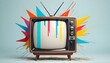 Retro TV set with colorful stick bursting through. Propaganda, fake news minimal concept.
