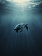 Majestic sea turtle gliding underwater - A striking illustration of a lone sea turtle gracefully swimming through a sunlit underwater scene, exuding a sense of freedom
