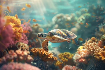 Wall Mural - Green sea turtle swimming on coral reef. Underwater world