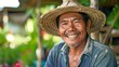 picture of a contented, grinning Thai farmer in a Thai countryside.