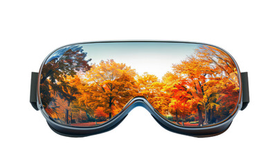 Virtual reality glasses with surreal reflection of autumn fall nature.