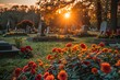 Sun Setting Behind Cemetery With Flowers