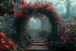 Mystical red rose arch over ancient stone steps
