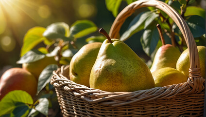 Poster - ripe juicy pear in a basket in the garden close-up