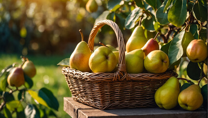 Wall Mural - ripe delicious pear in a basket in the garden close-up