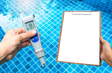 Sticker - Digital water tester and blank clipboard in girl hand over swimming pool cleaning progress, pool service and maintenance, low pH test result