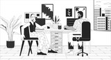 Fototapeta Dinusie - Sharing home office black and white line illustration. Multiracial colleagues working together in apartment 2D characters monochrome background. Coworking space outline scene vector image