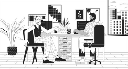 Wall Mural - Sharing home office black and white line illustration. Multiracial colleagues working together in apartment 2D characters monochrome background. Coworking space outline scene vector image