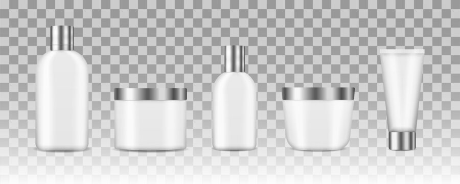 3d various blank container mock-ups, including jar, pump bottle, cream tube isolated on white backgr