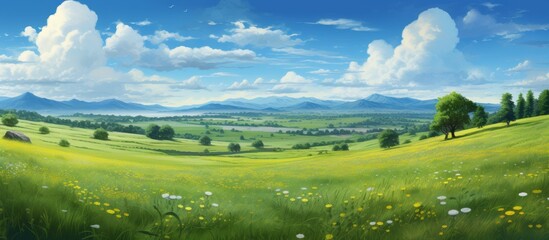 Canvas Print - Green field filled with blooming flowers and lush trees depicted in a beautiful painting