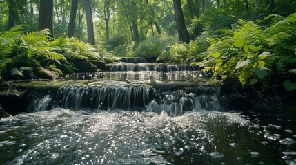 Canvas Print - A small stream of water flowing through a lush green forest. Generative AI.