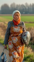 Wall Mural - An older woman walking down a road carrying an iron pot. Generative AI.