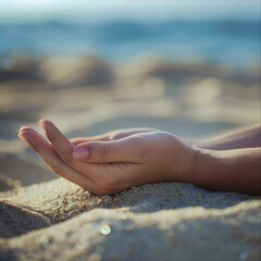 Wall Mural - A person laying on the beach with their hands outstretched. Generative AI.